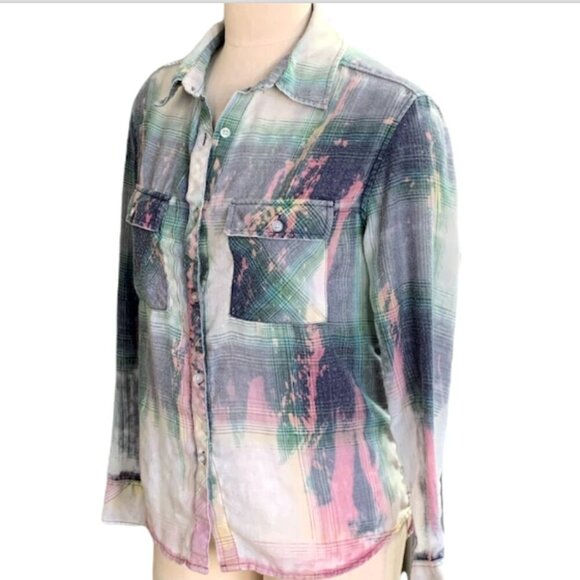 Ombre Plaid Tie Dye Graphic Button-Down Shirt Trick Shot 8 Ball Billiard Co #1E - Picture 4 of 6